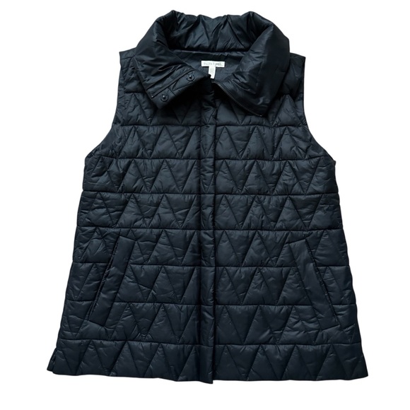 Eileen Fisher Quilted Black Snap Front Puffer Vest Chevron Black Medium - Picture 2 of 12